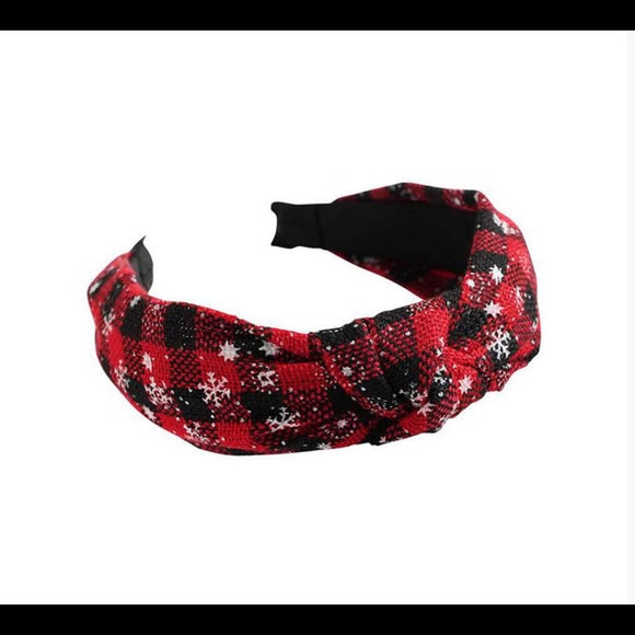 New Christmas Holiday fabric top knot Red black Buffalo plaid flexible headband - Picture 2 of 12